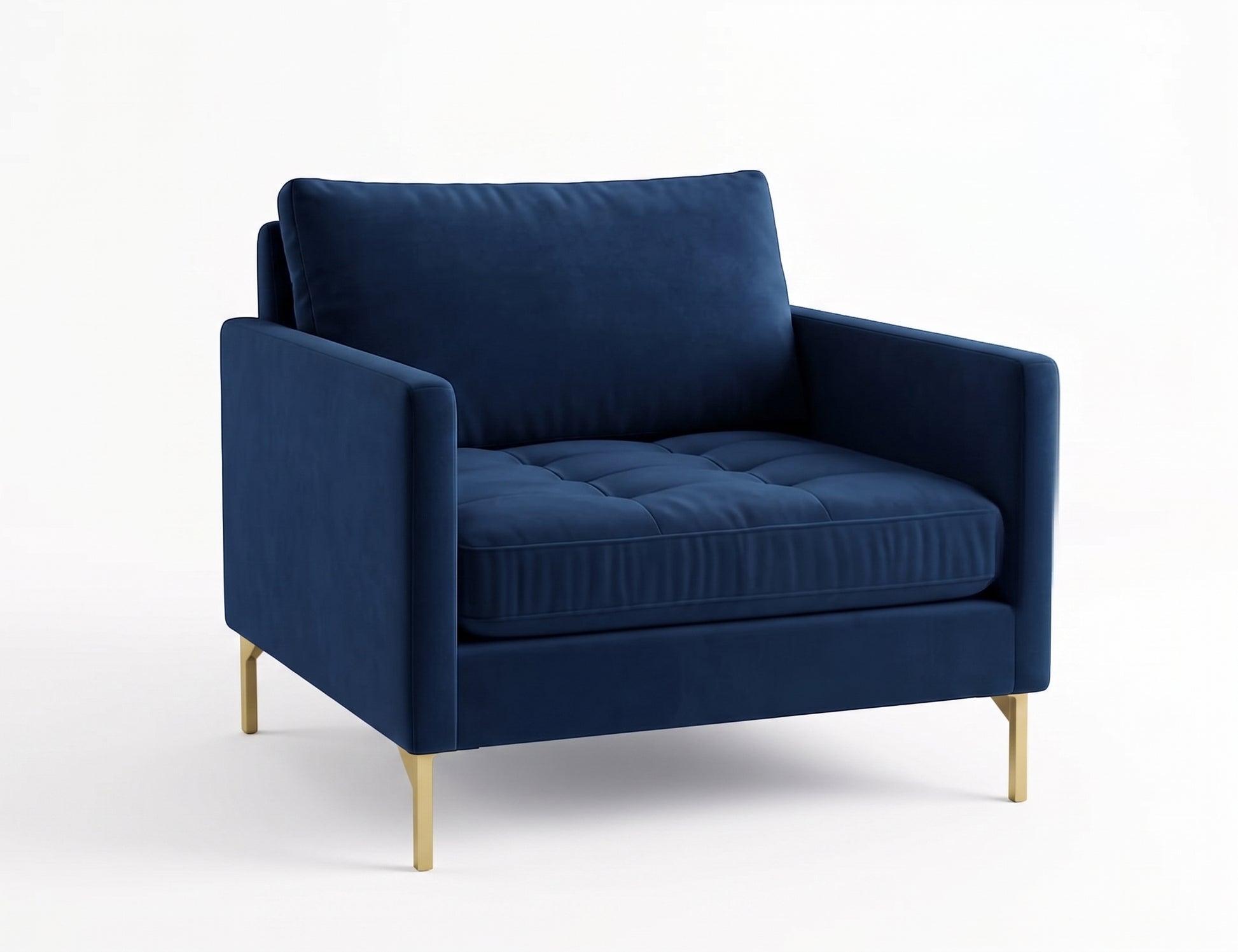 Sillón de un cuerpo Ristretto color Azul en pana antimanchas importada, detalle textural en el asiento y patas doradas — para un sillón elegante ideal si recibís visitas seguido. Hecho a medida por Tienda de Banquitos.