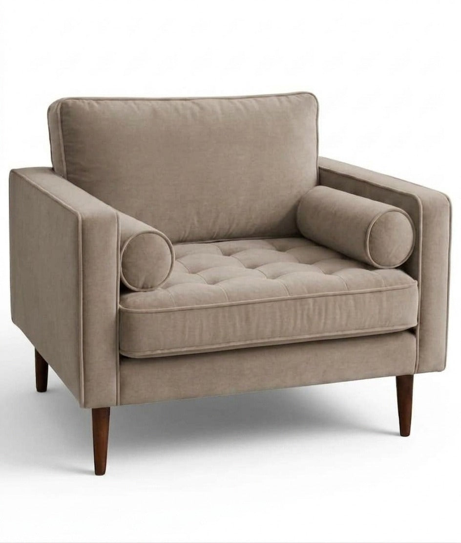 Sillón de un cuerpo Bambú color Visón en pana antimanchas importada, estructura liviana con patas inclinadas de estilo escandinavo — para quienes buscan un sillón liviano estilo nórdico. Hecho a medida por Tienda de Banquitos.