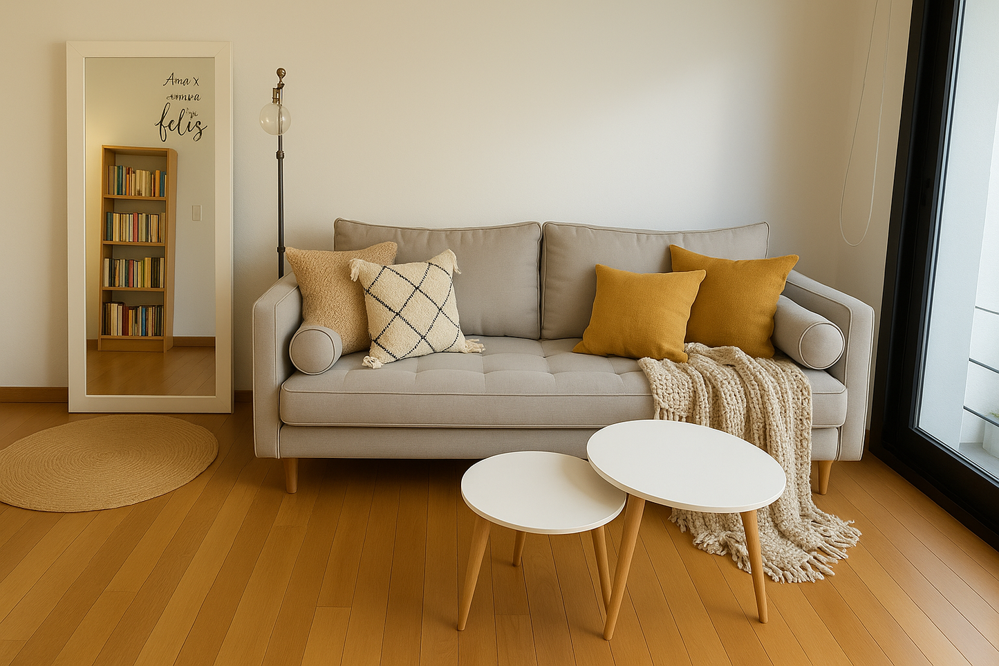 Sillón de tres cuerpos tapizado en tono gris claro, con respaldo de almohadones sueltos y apoyabrazos rectos de diseño limpio. Incluye detalles decorativos como almohadones en tonos mostaza y beige, y rodillos laterales que aportan un toque elegante. Apoyado sobre patas de madera clara, combina calidez escandinava con funcionalidad moderna, ideal para ambientes luminosos y minimalistas.