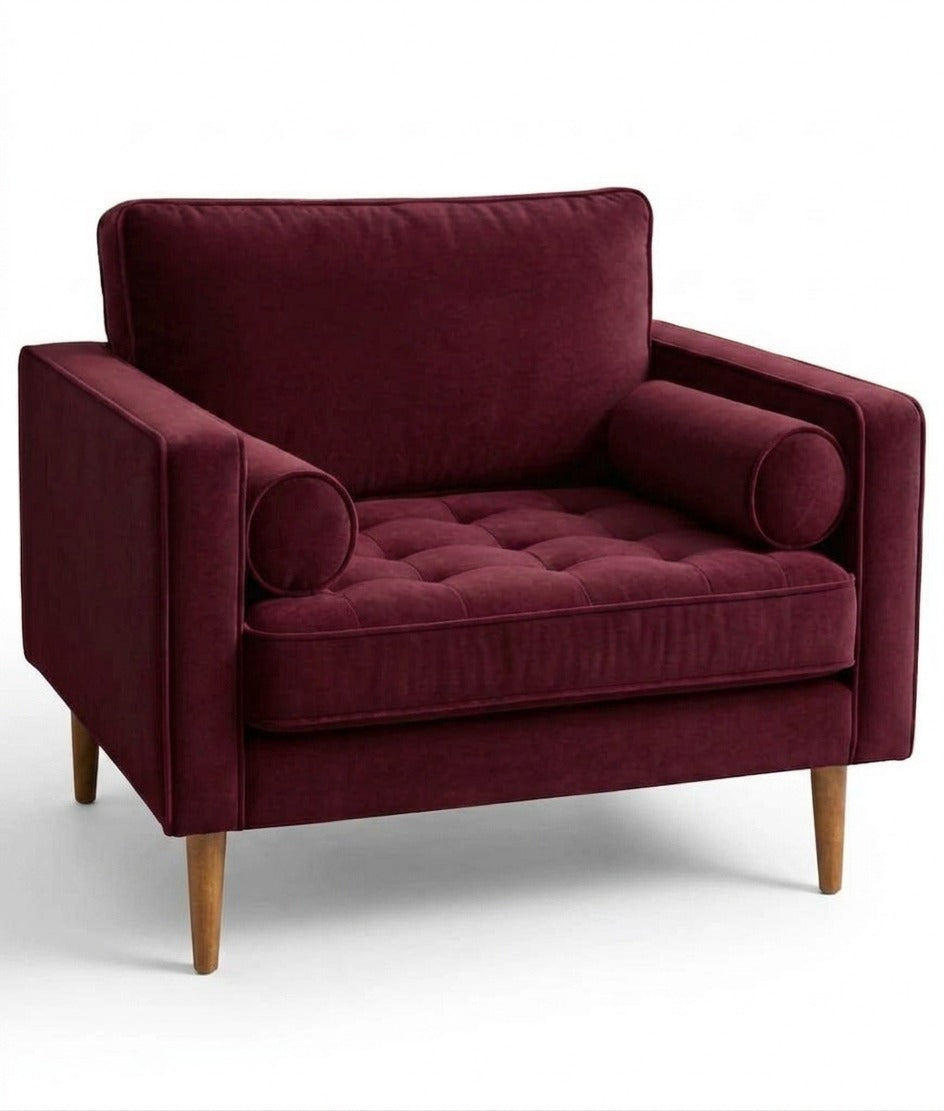 Sillón de un cuerpo Bambú color Bordo en pana antimanchas importada, estructura liviana con patas inclinadas de estilo escandinavo — ideal para un living luminoso y poco recargado. Hecho a medida por Tienda de Banquitos.