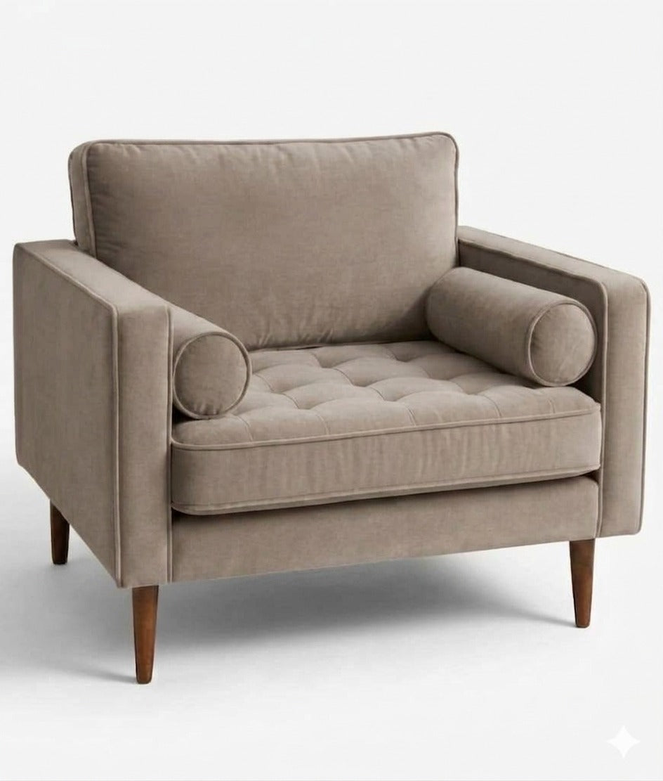 Sillón de un cuerpo Bambú color Latte en pana antimanchas importada, estructura liviana con patas inclinadas de estilo escandinavo — ideal para un living luminoso y poco recargado. Hecho a medida por Tienda de Banquitos.