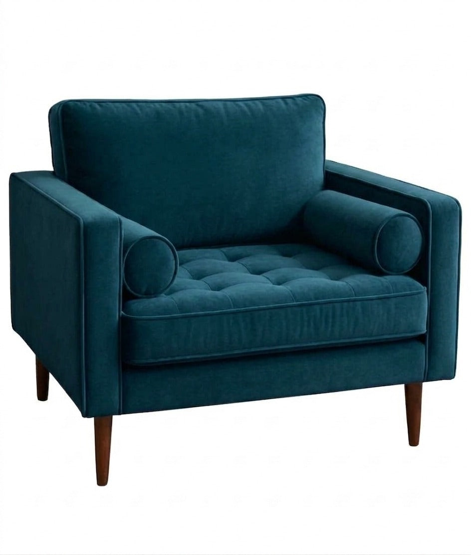 Sillón de un cuerpo Bambú color Océano en pana antimanchas importada, estructura liviana con patas inclinadas de estilo escandinavo — ideal para un living luminoso y poco recargado. Hecho a medida por Tienda de Banquitos.