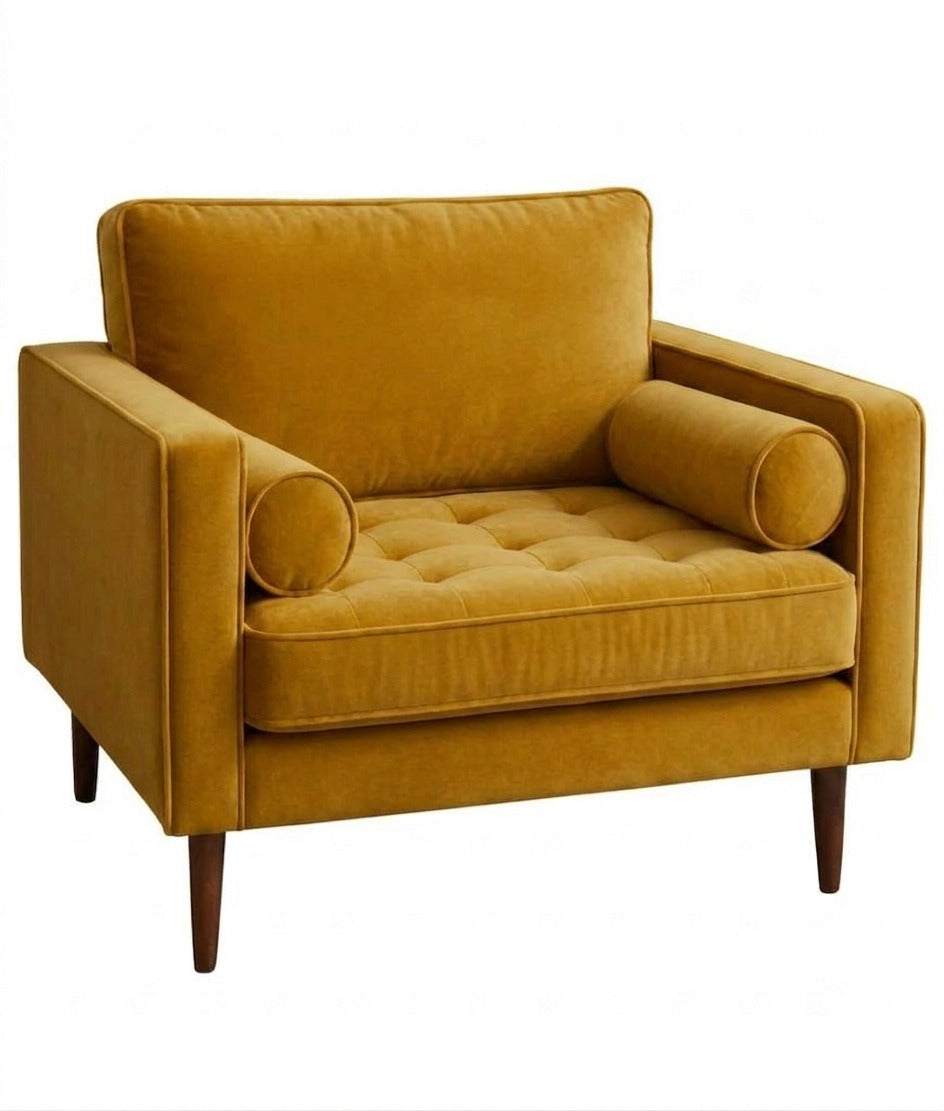 Sillón de un cuerpo Bambú color Oro en pana antimanchas importada, estructura liviana con patas inclinadas de estilo escandinavo — que no recargue el ambiente. Hecho a medida por Tienda de Banquitos.