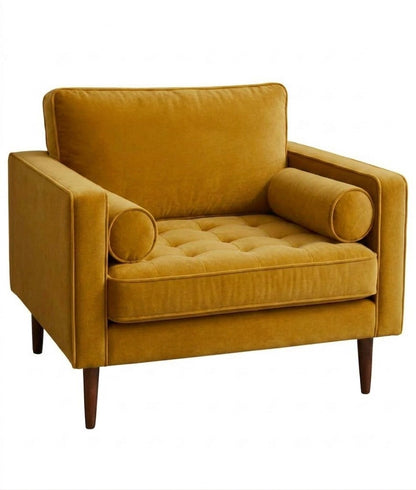 Sillón de un cuerpo Bambú color Oro en pana antimanchas importada, estructura liviana con patas inclinadas de estilo escandinavo — que no recargue el ambiente. Hecho a medida por Tienda de Banquitos.
