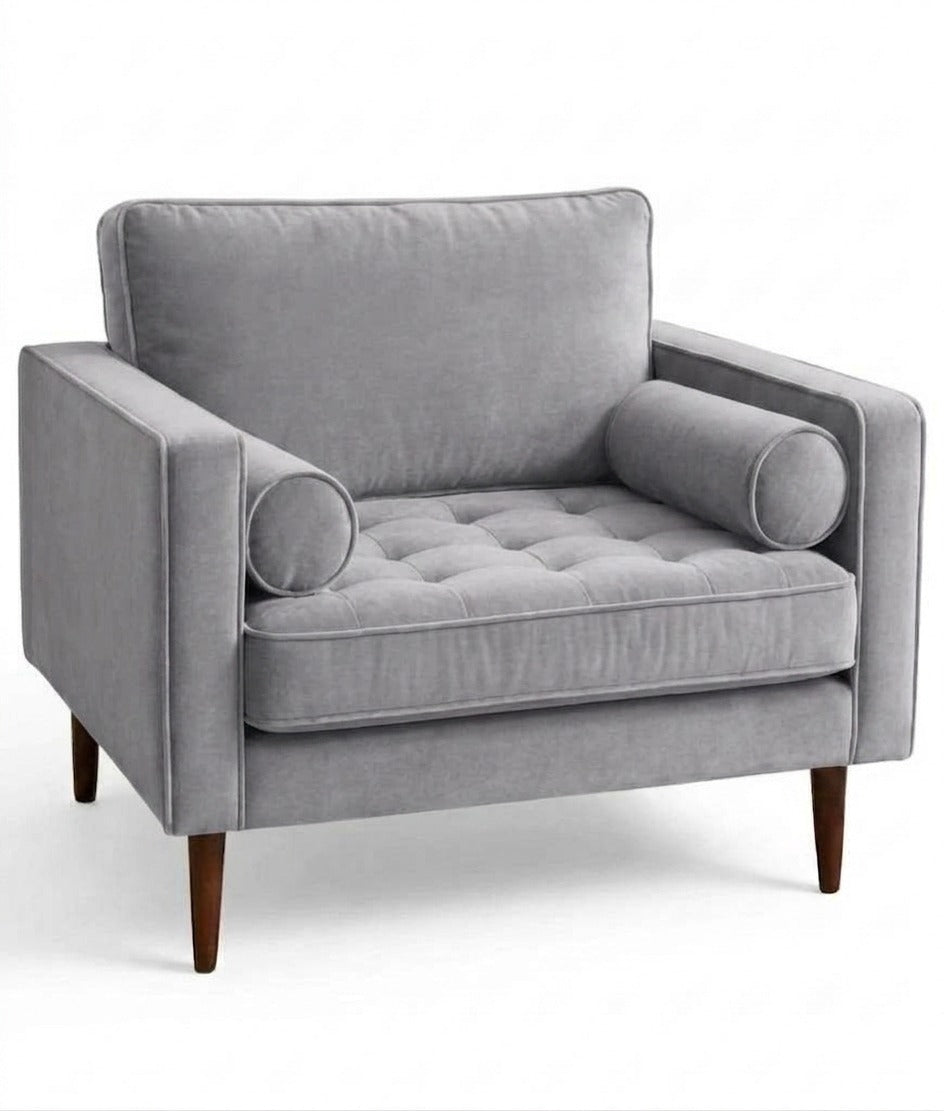 Sillón de un cuerpo Bambú color Plata en pana antimanchas importada, estructura liviana con patas inclinadas de estilo escandinavo — que no recargue el ambiente. Hecho a medida por Tienda de Banquitos.