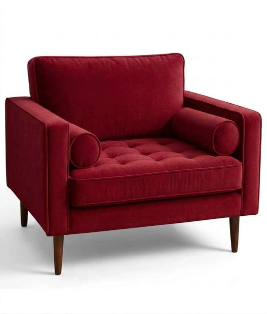 Sillón de un cuerpo Bambú color Rojo en pana antimanchas importada, estructura liviana con patas inclinadas de estilo escandinavo — para quienes buscan un sillón liviano estilo nórdico. Hecho a medida por Tienda de Banquitos.