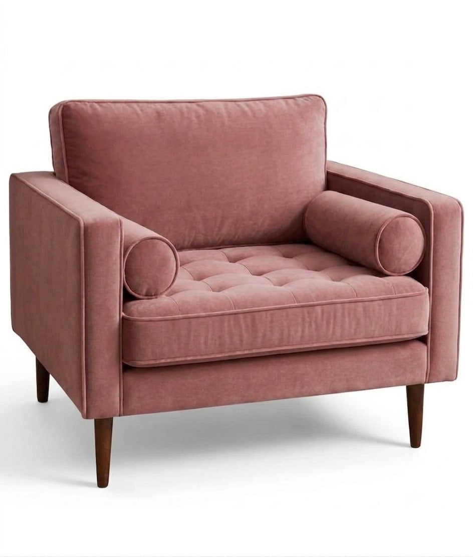 Sillón de un cuerpo Bambú color Rosa en pana antimanchas importada, estructura liviana con patas inclinadas de estilo escandinavo — que no recargue el ambiente. Hecho a medida por Tienda de Banquitos.