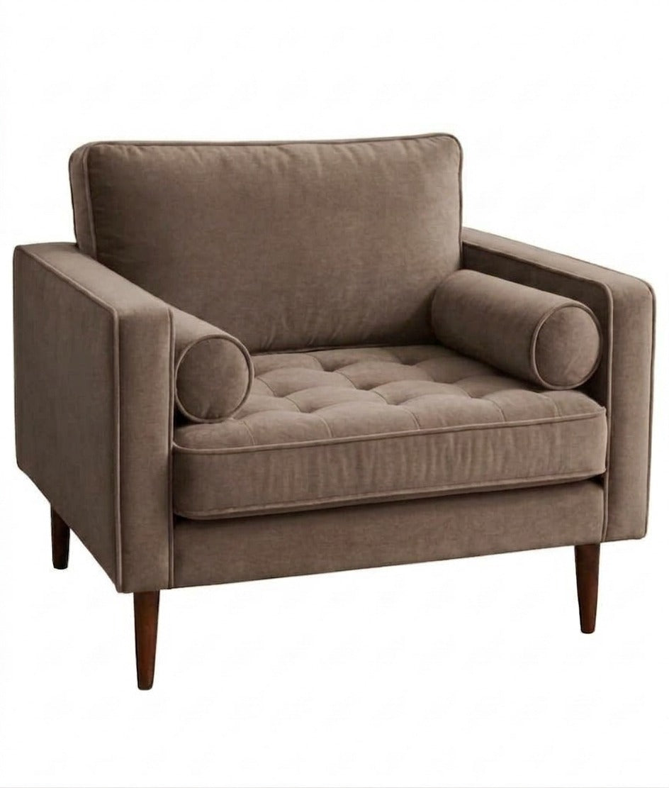 Sillón de un cuerpo Bambú color Stone en pana antimanchas importada, estructura liviana con patas inclinadas de estilo escandinavo — ideal para un living luminoso y poco recargado. Hecho a medida por Tienda de Banquitos.