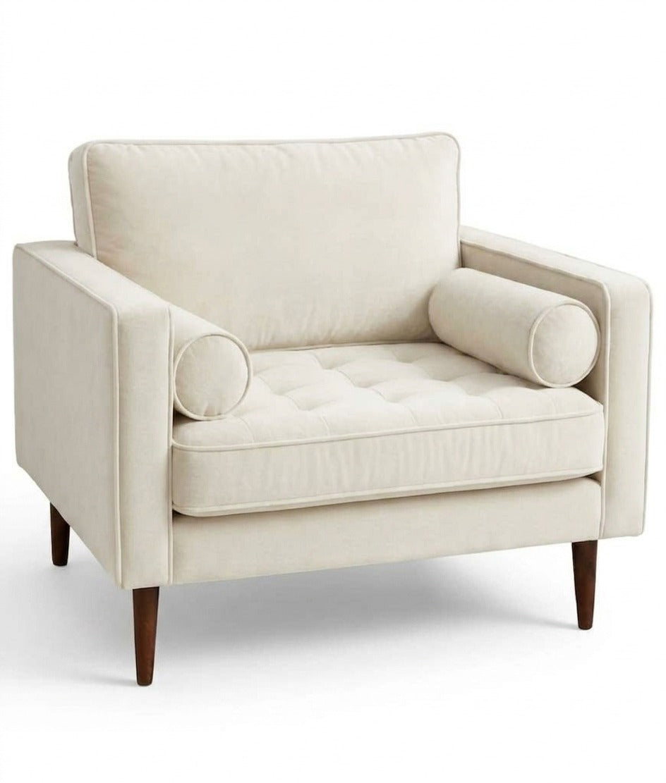 Sillón de un cuerpo Bambú color Tiza en pana antimanchas importada, estructura liviana con patas inclinadas de estilo escandinavo — que no recargue el ambiente. Hecho a medida por Tienda de Banquitos.