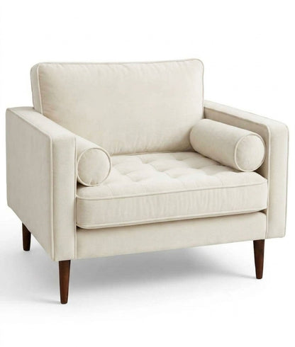 Sillón de un cuerpo Bambú color Tiza en pana antimanchas importada, estructura liviana con patas inclinadas de estilo escandinavo — que no recargue el ambiente. Hecho a medida por Tienda de Banquitos.