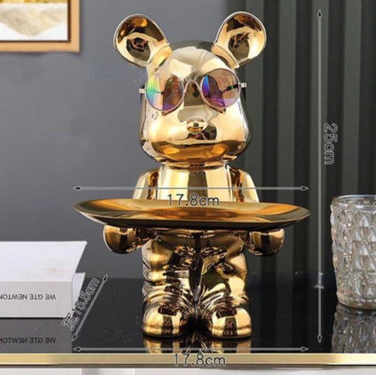 Osito dorado espejado con anteojos de sol y bandeja dorada desmontable, con las medidas marcadas: 25 cm y 17,8 cm