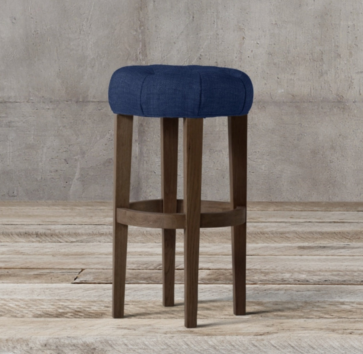 Banqueta Alta Barista en azul con asiento redondo capitoné y patas de madera oscura