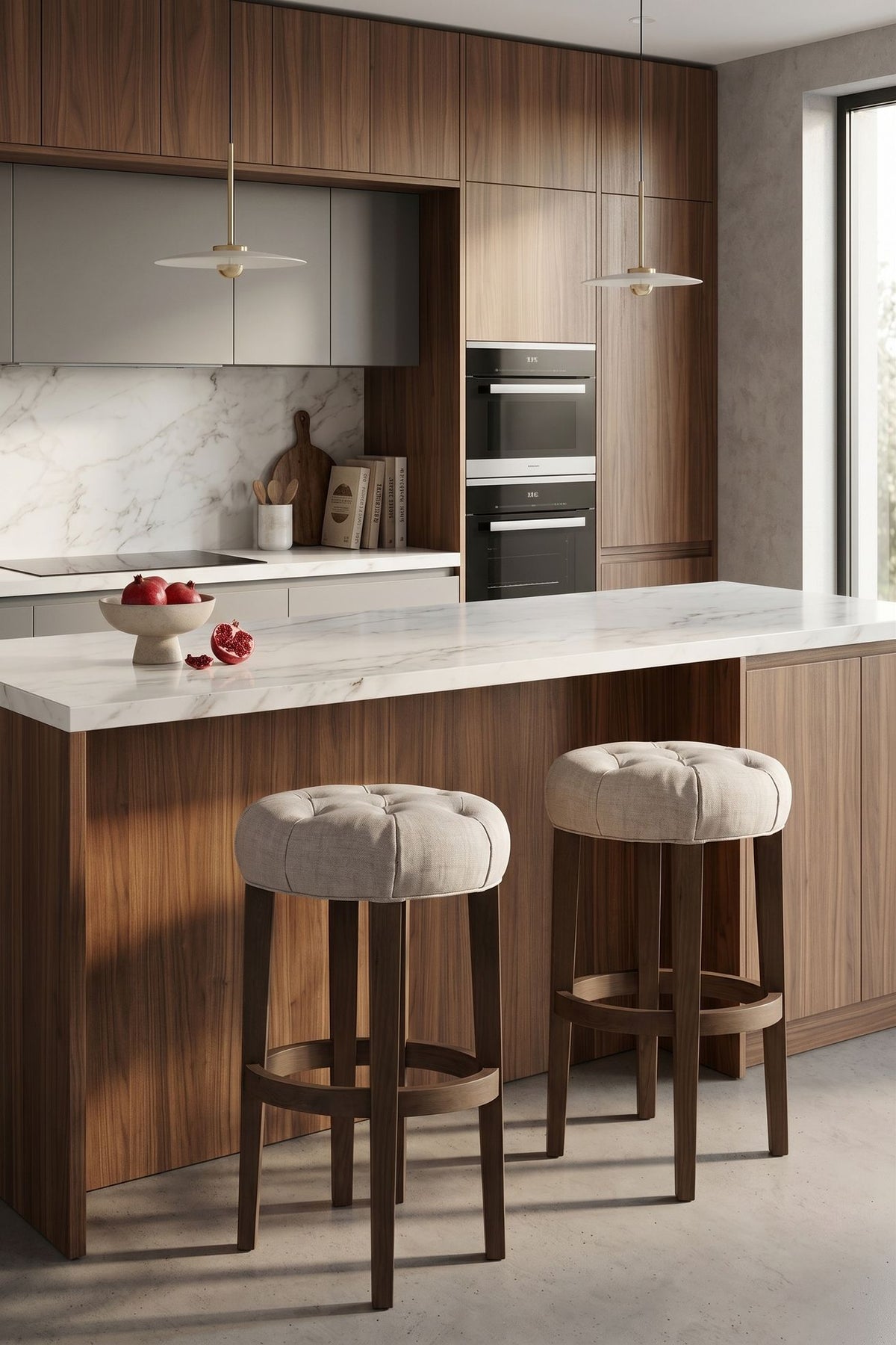 Dos Banquetas Altas Barista crema junto a una isla de madera con mesada de mármol