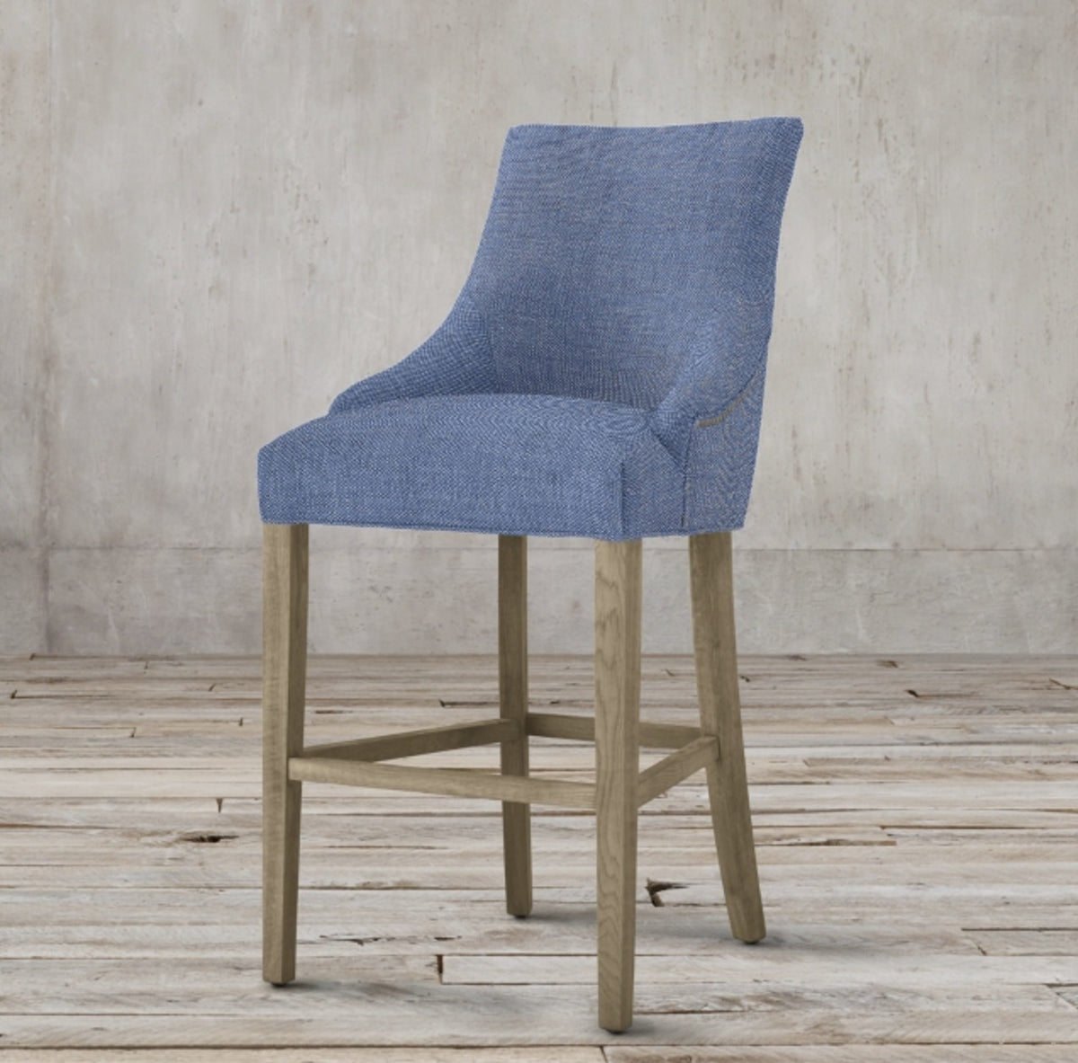 Banqueta Alta Karenina en azul con respaldo curvo y patas de madera