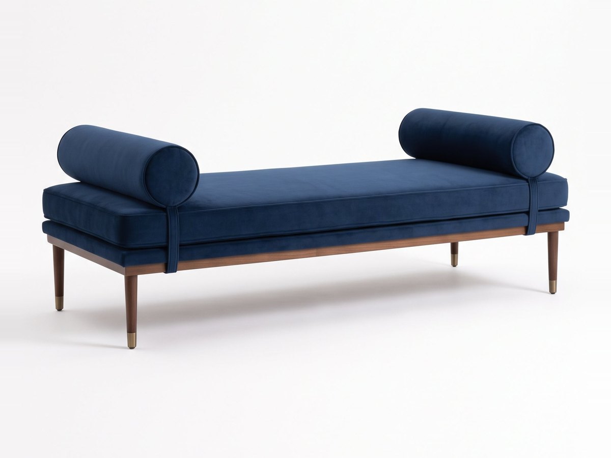 Banqueta Escandinava en pana antimanchas color Azul, con almohadones cilíndricos y patas de madera, imagen ilustrativa - Tienda de Banquitos