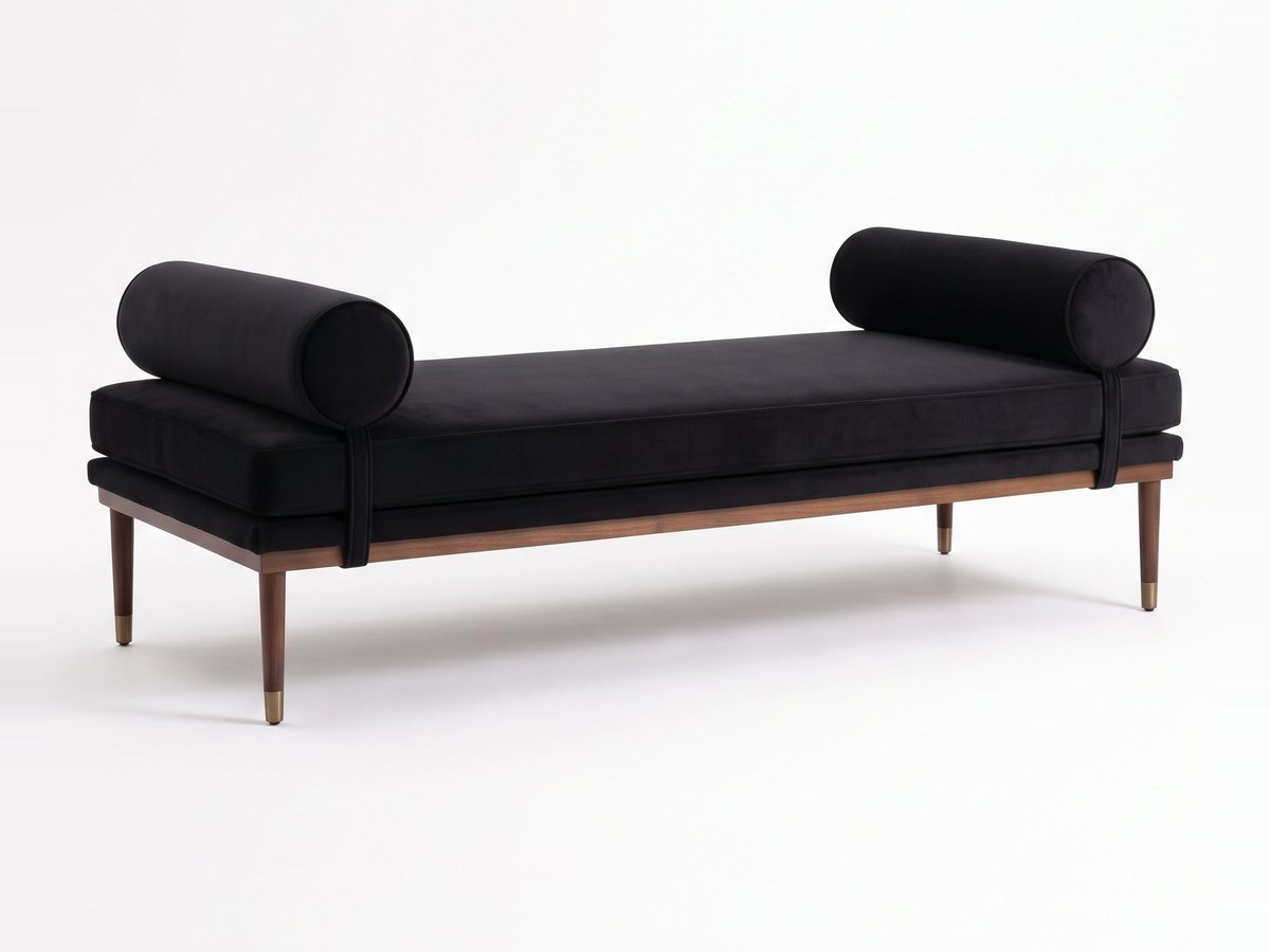 Banqueta Escandinava en pana antimanchas color Black, con almohadones cilíndricos y patas de madera, imagen ilustrativa - Tienda de Banquitos