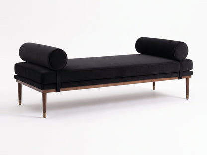 Banqueta Escandinava en pana antimanchas color Black, con almohadones cilíndricos y patas de madera, imagen ilustrativa - Tienda de Banquitos