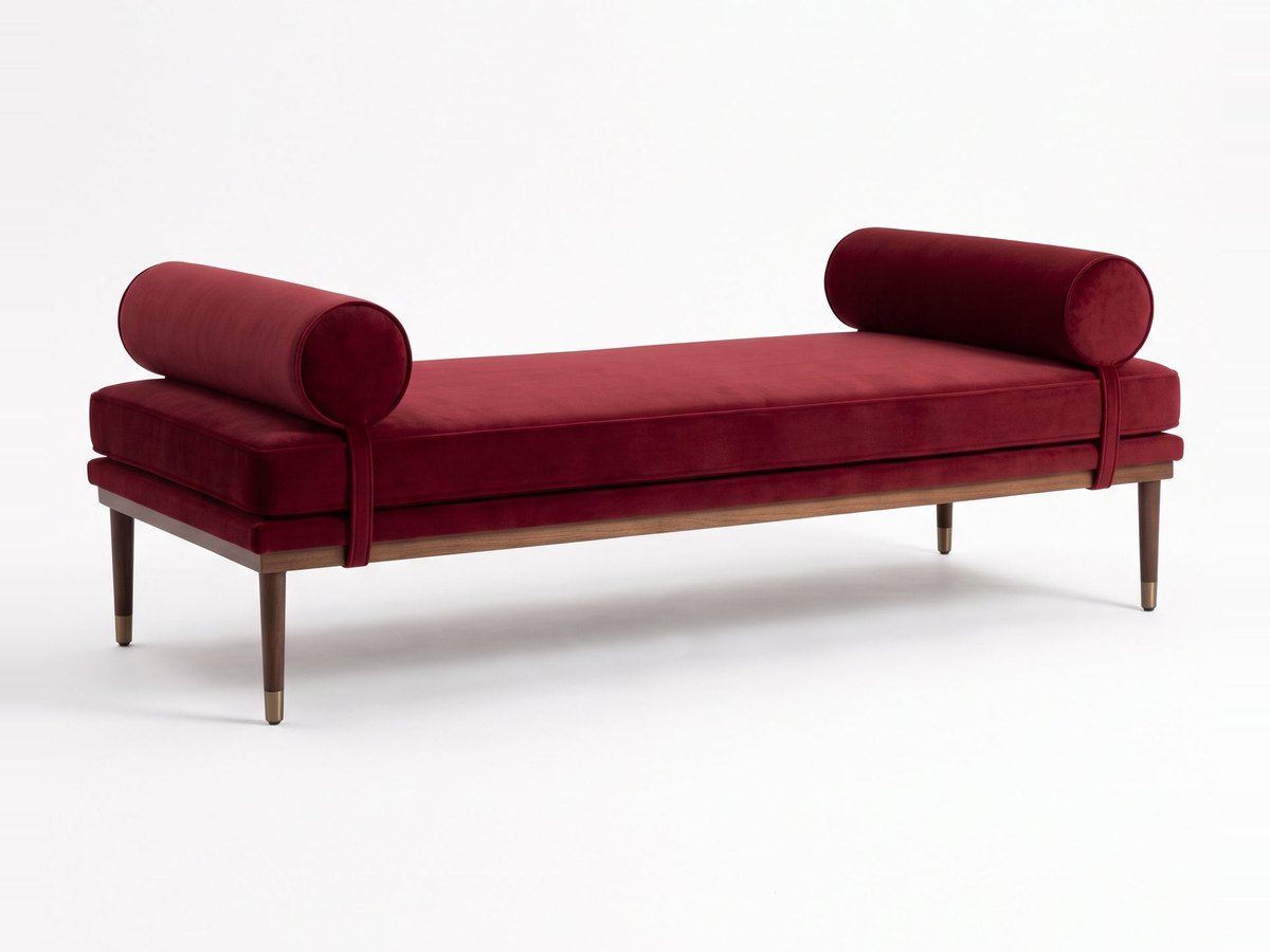Banqueta Escandinava en pana antimanchas color Bordo, con almohadones cilíndricos y patas de madera, imagen ilustrativa - Tienda de Banquitos