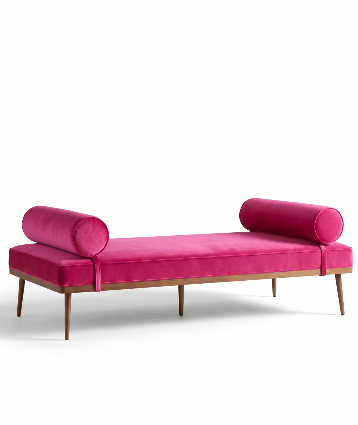 Banqueta Escandinava en pana antimanchas color Chicle, con almohadones cilíndricos y patas de madera, imagen ilustrativa - Tienda de Banquitos