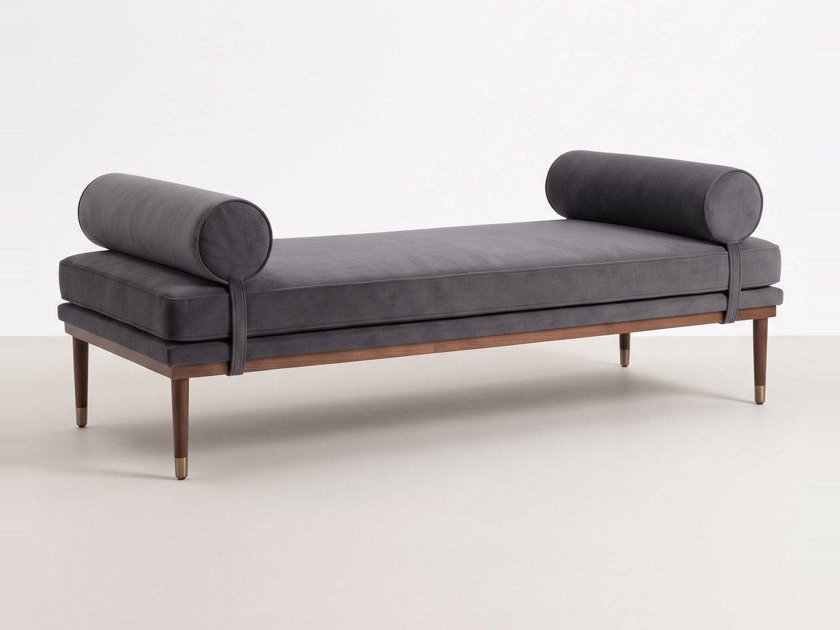 Banqueta Escandinava en pana antimanchas color Grafito, con almohadones cilíndricos y patas de madera, imagen ilustrativa - Tienda de Banquitos