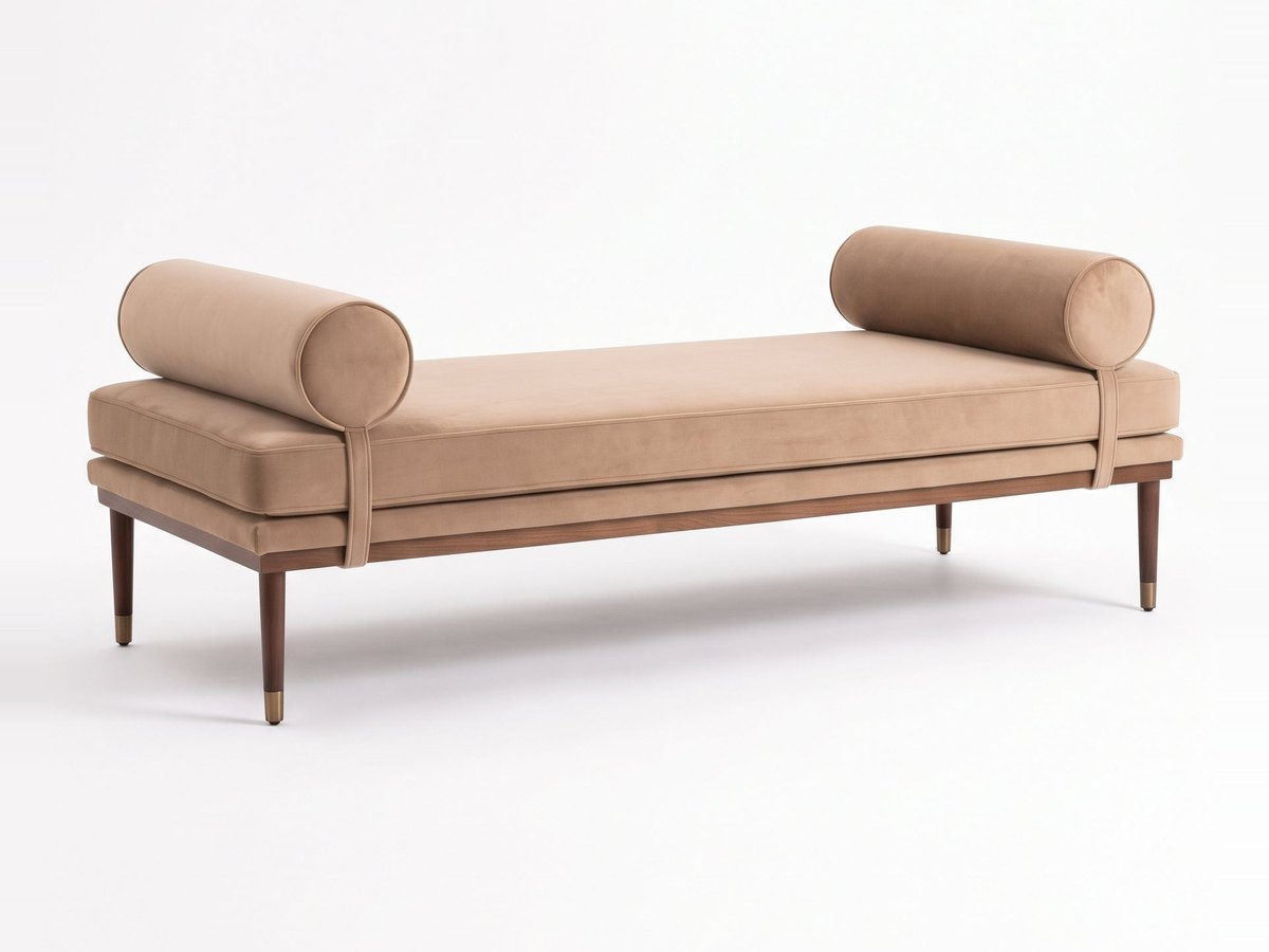 Banqueta Escandinava en pana antimanchas color Latte, con almohadones cilíndricos y patas de madera, imagen ilustrativa - Tienda de Banquitos