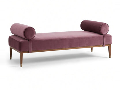 Banqueta Escandinava en pana antimanchas color Obispo, con almohadones cilíndricos y patas de madera, imagen ilustrativa - Tienda de Banquitos