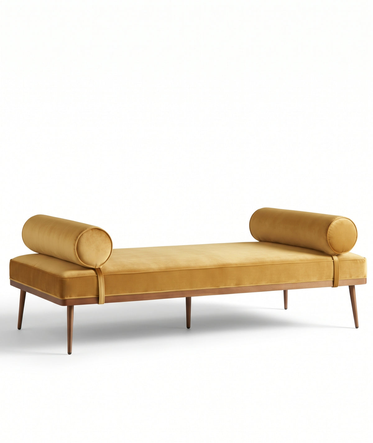 Banqueta Escandinava en pana antimanchas color Oro, con almohadones cilíndricos y patas de madera, imagen ilustrativa - Tienda de Banquitos