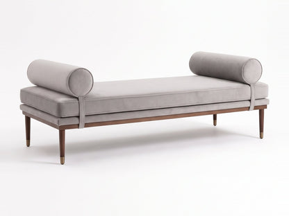 Banqueta Escandinava en pana antimanchas color Plata, con almohadones cilíndricos y patas de madera, imagen ilustrativa - Tienda de Banquitos