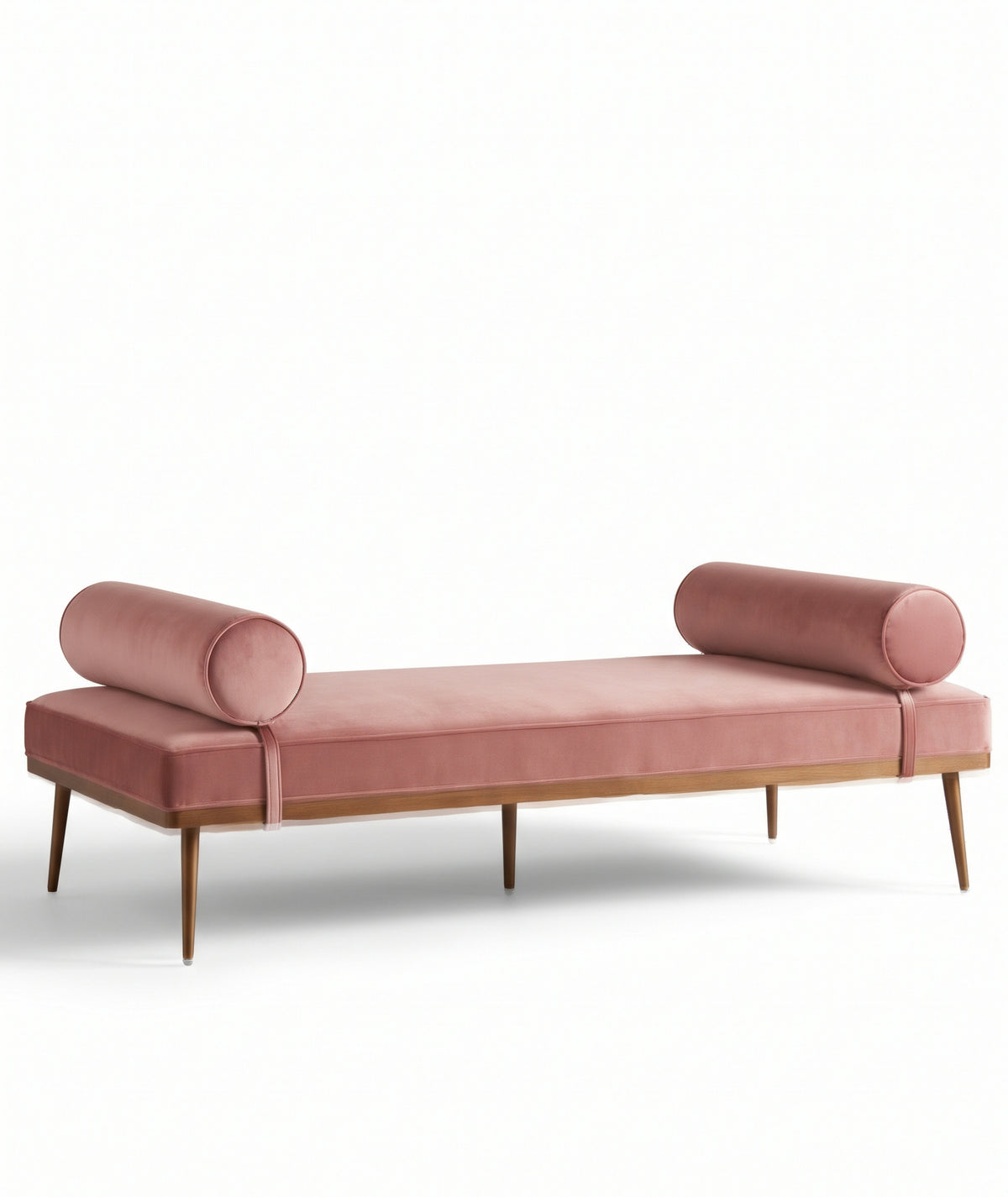 Banqueta Escandinava en pana antimanchas color Rosa, con almohadones cilíndricos y patas de madera, imagen ilustrativa - Tienda de Banquitos