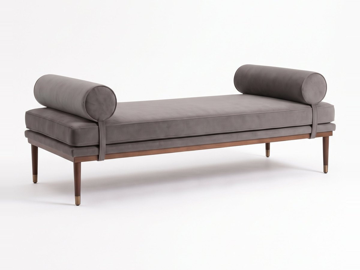 Banqueta Escandinava en pana antimanchas color Stone, con almohadones cilíndricos y patas de madera, imagen ilustrativa - Tienda de Banquitos