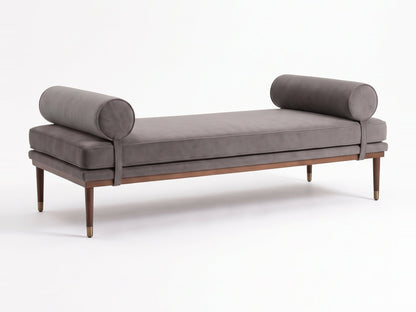 Banqueta Escandinava en pana antimanchas color Stone, con almohadones cilíndricos y patas de madera, imagen ilustrativa - Tienda de Banquitos