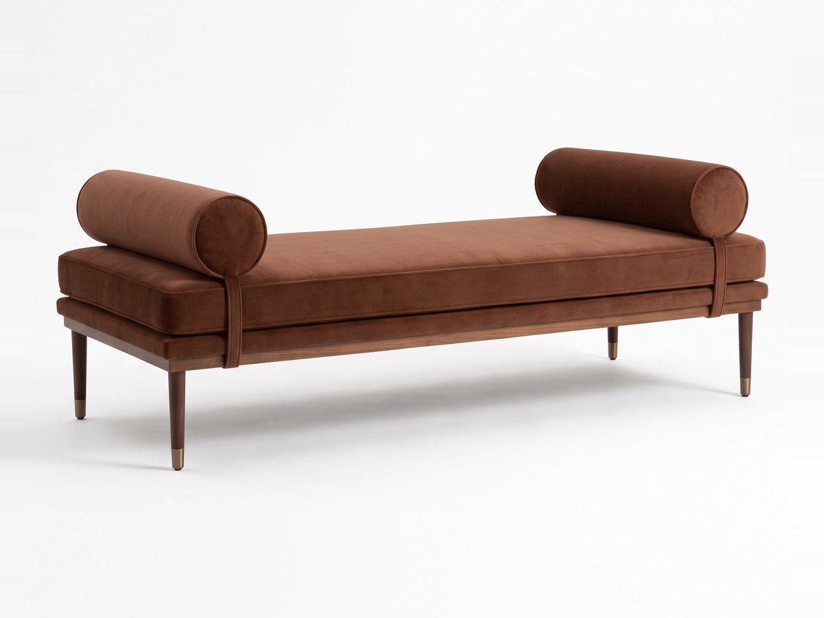Banqueta Escandinava en pana antimanchas color Suela, con almohadones cilíndricos y patas de madera, imagen ilustrativa - Tienda de Banquitos