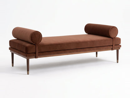 Banqueta Escandinava en pana antimanchas color Suela, con almohadones cilíndricos y patas de madera, imagen ilustrativa - Tienda de Banquitos