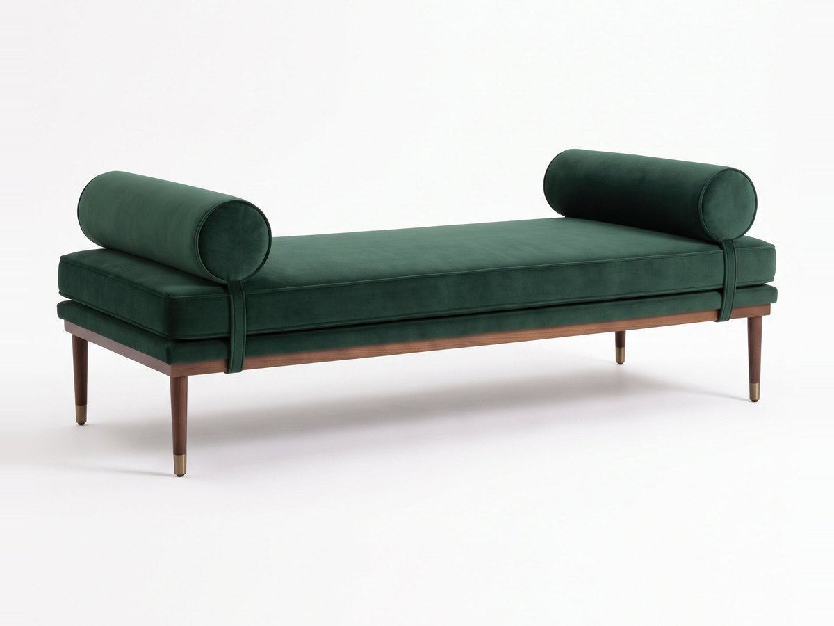 Banqueta Escandinava en pana antimanchas color Verde inglés, con almohadones cilíndricos y patas de madera, imagen ilustrativa - Tienda de Banquitos