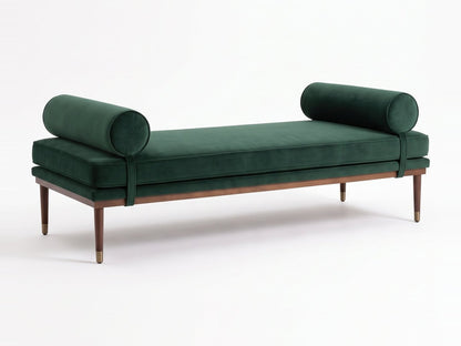 Banqueta Escandinava en pana antimanchas color Verde inglés, con almohadones cilíndricos y patas de madera, imagen ilustrativa - Tienda de Banquitos