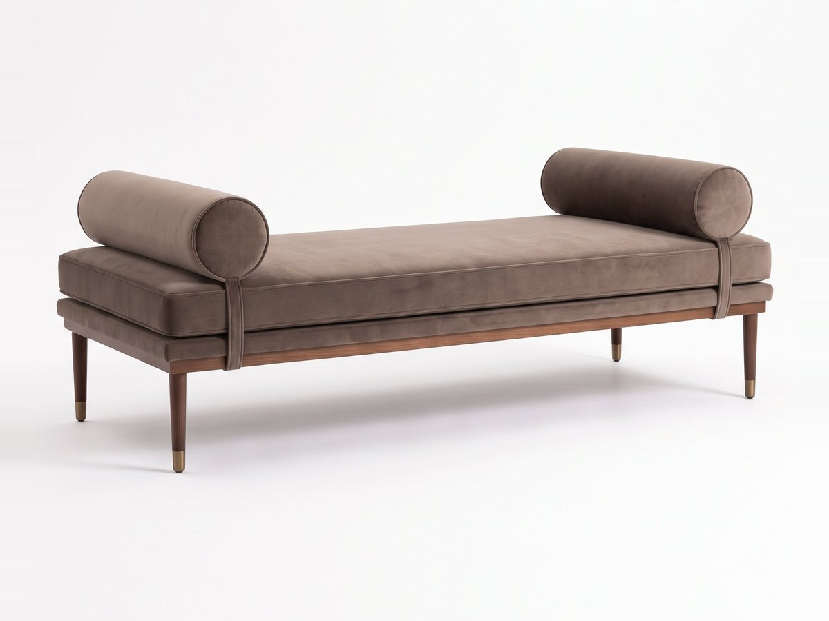 Banqueta Escandinava en pana antimanchas color Visón, con almohadones cilíndricos y patas de madera, imagen ilustrativa - Tienda de Banquitos