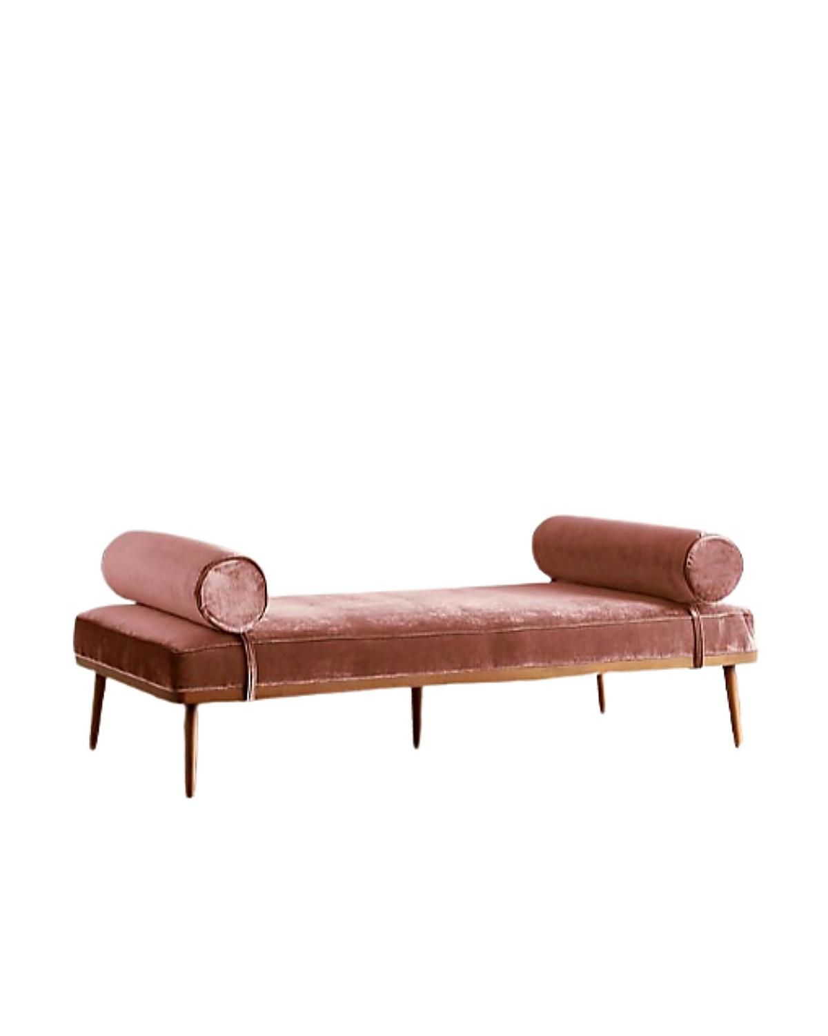 Banqueta Pie de Cama Escandinava rosa con dos almohadones cilíndricos y patas de madera, sobre fondo blanco