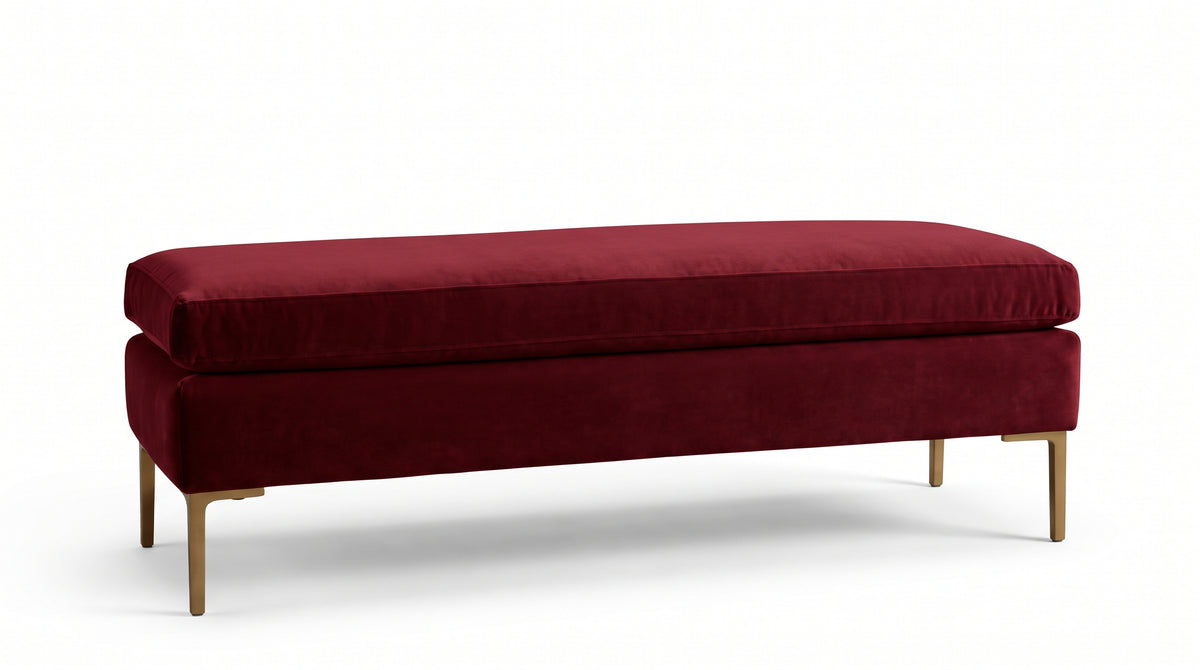 Banqueta Unique en pana antimanchas color Bordo, con base y asiento en dos niveles y patas doradas, imagen ilustrativa - Tienda de Banquitos