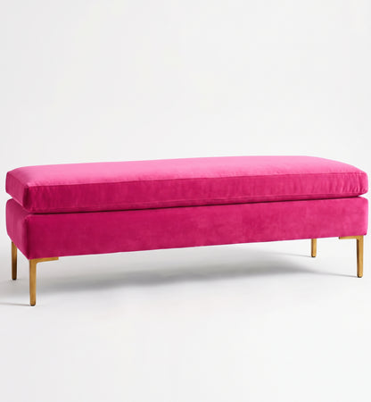 Banqueta Unique en pana antimanchas color Chicle, con base y asiento en dos niveles y patas doradas, imagen ilustrativa - Tienda de Banquitos