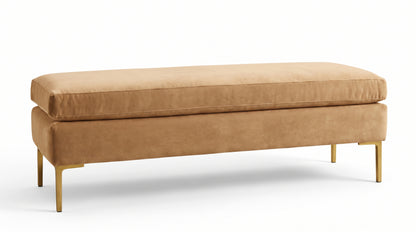 Banqueta Unique en pana antimanchas color Gamuza, con base y asiento en dos niveles y patas doradas, imagen ilustrativa - Tienda de Banquitos