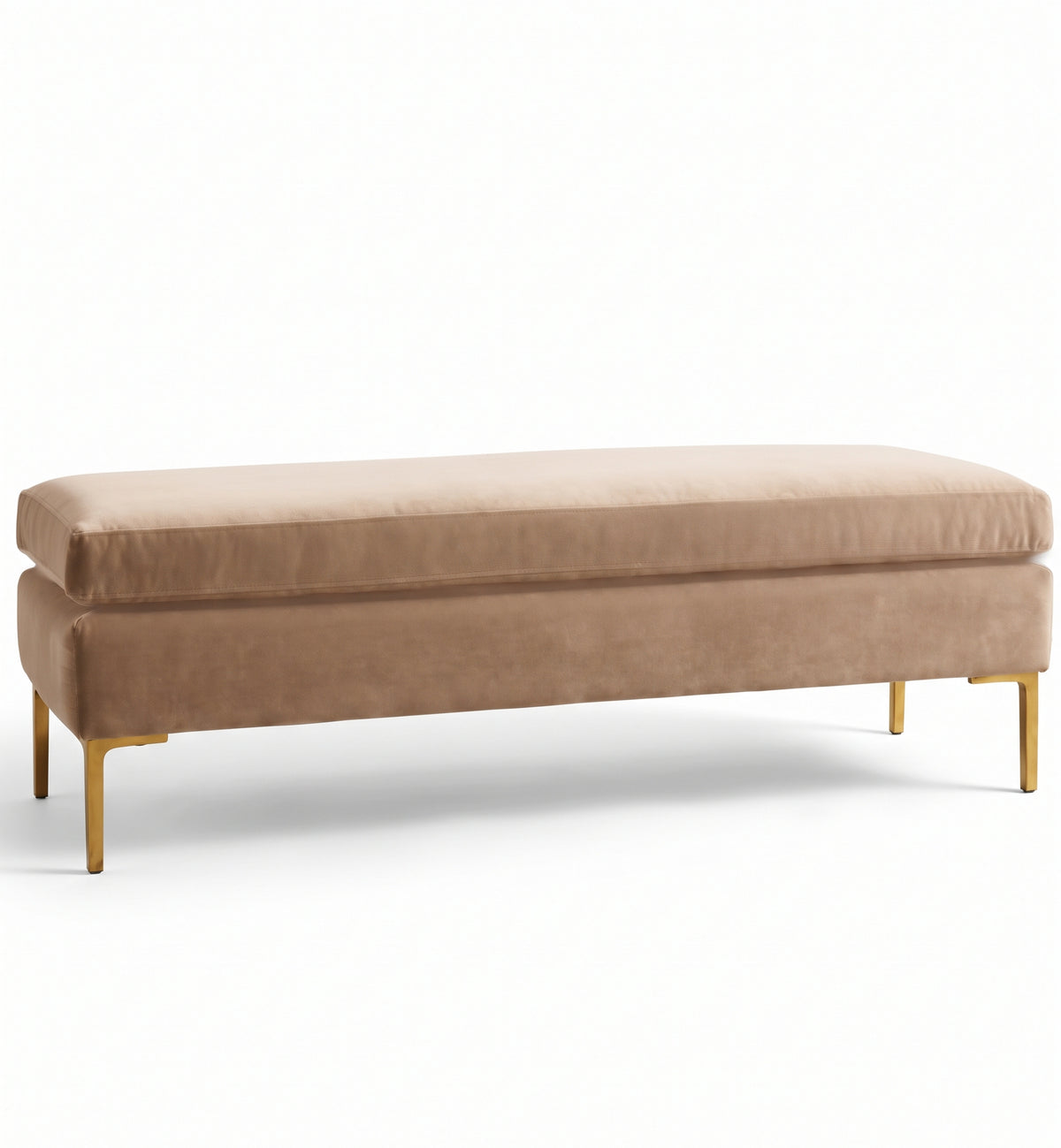 Banqueta Unique en pana antimanchas color Latte, con base y asiento en dos niveles y patas doradas, imagen ilustrativa - Tienda de Banquitos