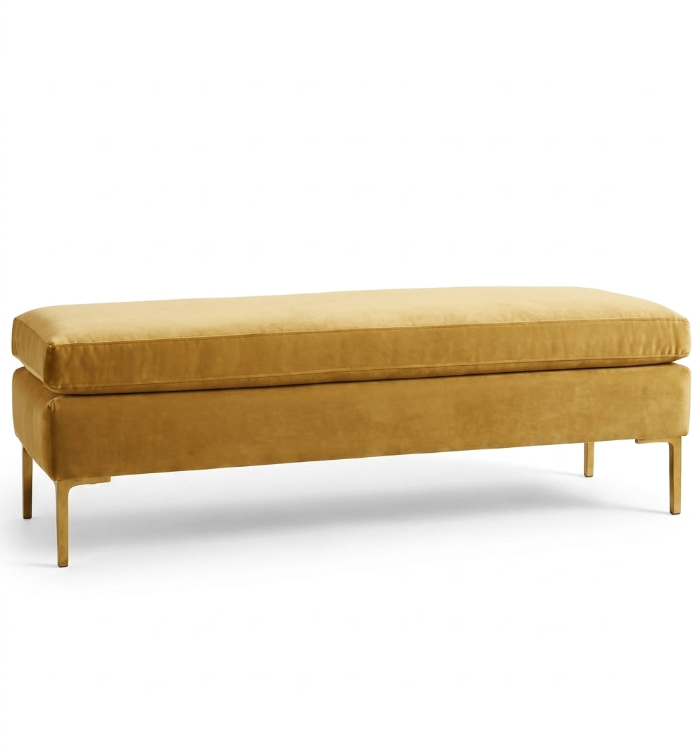 Banqueta Unique en pana antimanchas color Oro, con base y asiento en dos niveles y patas doradas, imagen ilustrativa - Tienda de Banquitos