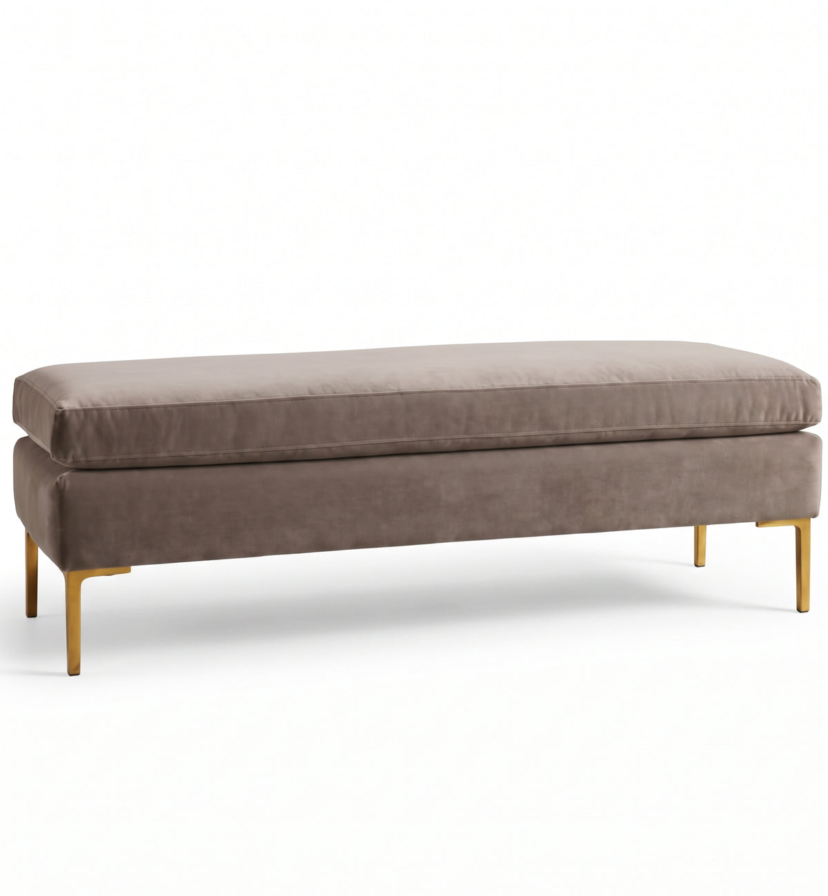 Banqueta Unique en pana antimanchas color Stone, con base y asiento en dos niveles y patas doradas, imagen ilustrativa - Tienda de Banquitos