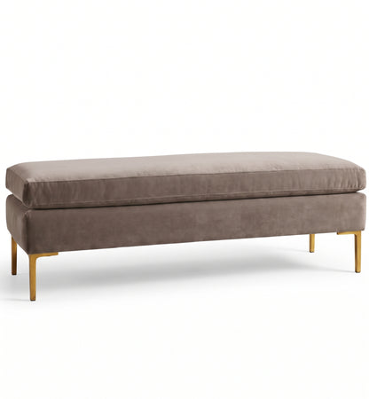 Banqueta Unique en pana antimanchas color Stone, con base y asiento en dos niveles y patas doradas, imagen ilustrativa - Tienda de Banquitos