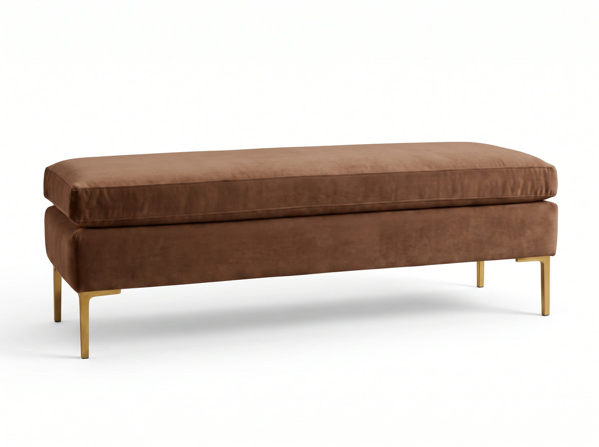 Banqueta Unique en pana antimanchas color Suela, con base y asiento en dos niveles y patas doradas, imagen ilustrativa - Tienda de Banquitos