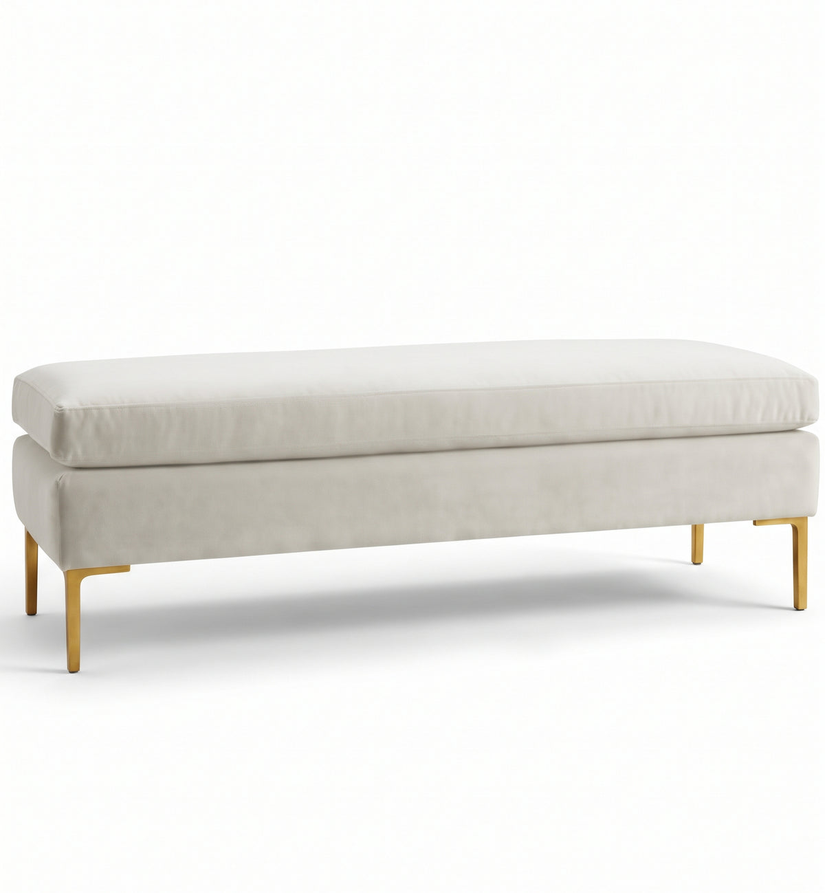 Banqueta Unique en pana antimanchas color Tiza, con base y asiento en dos niveles y patas doradas, imagen ilustrativa - Tienda de Banquitos