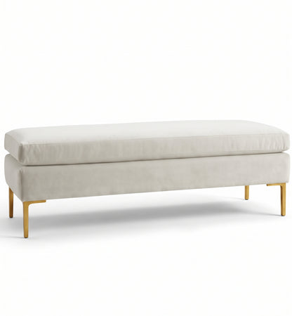 Banqueta Unique en pana antimanchas color Tiza, con base y asiento en dos niveles y patas doradas, imagen ilustrativa - Tienda de Banquitos