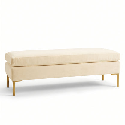 Banqueta Unique en pana antimanchas color Vainilla, con base y asiento en dos niveles y patas doradas, imagen ilustrativa - Tienda de Banquitos
