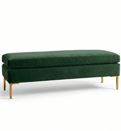 Banqueta Unique en pana antimanchas color Verde inglés, con base y asiento en dos niveles y patas doradas, imagen ilustrativa - Tienda de Banquitos