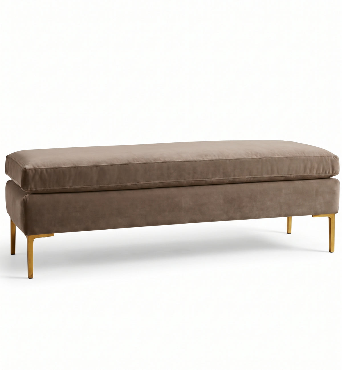Banqueta Unique en pana antimanchas color Visón, con base y asiento en dos niveles y patas doradas, imagen ilustrativa - Tienda de Banquitos